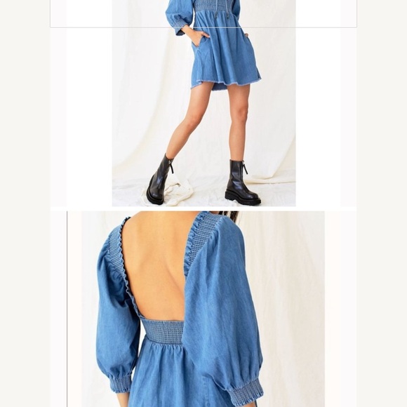 Free People This Is Everything denim Smocked Tie Neck Mini Dress M - Picture 4 of 12